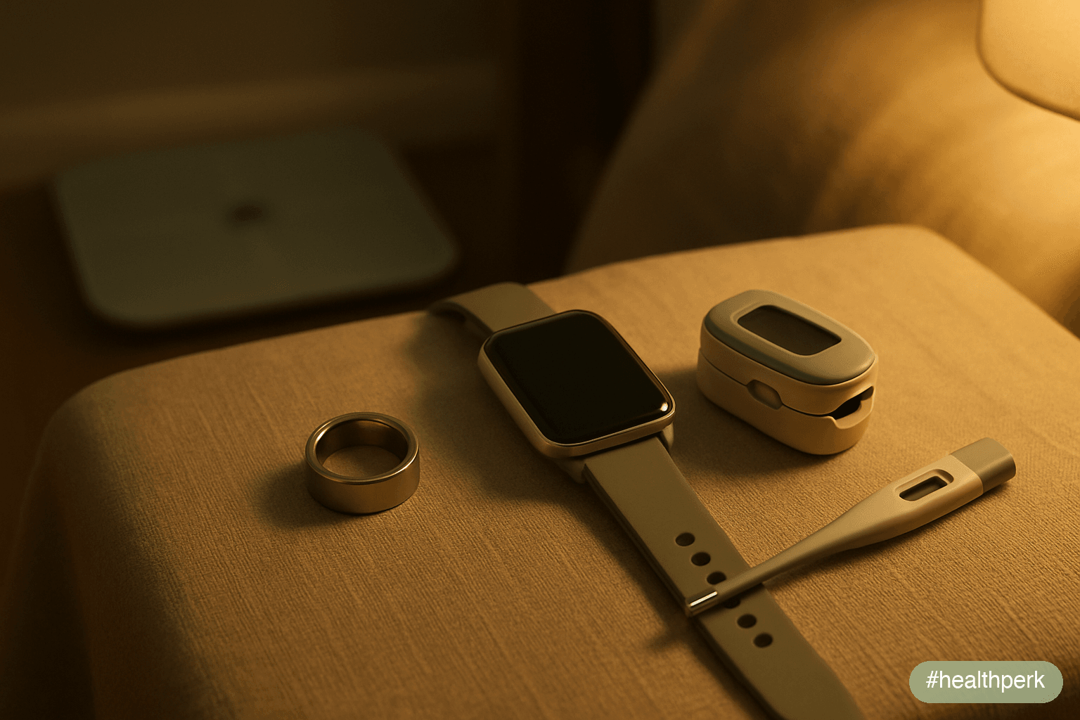 Photo of a bedside table with a smart ring, a smartwatch, a smart scale at the foot of the bed, a fingertip pulse oximeter, and a digital thermometer — illustrating devices to monitor health at home a
