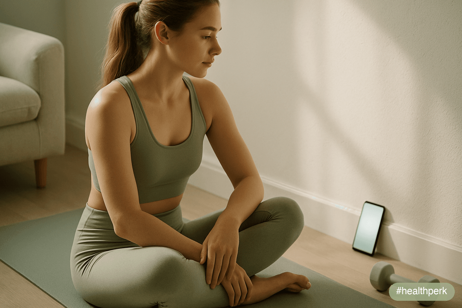 Photo of a beginner exerciser at home in athletic wear, phone propped against a wall with a soft-glowing screen — no readable text or overlay visible — yoga mat unrolled, a single light dumbbell nearb