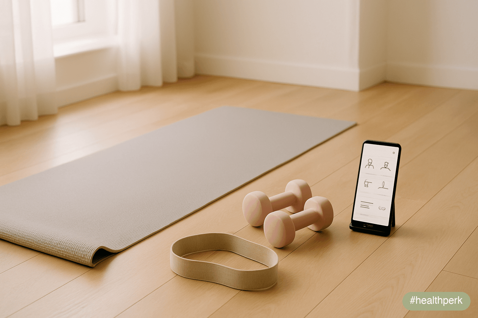 Photo of a beginner-friendly home workout setup with a yoga mat, light dumbbells, resistance band, and a phone showing a guided workout on a beginner fitness app — illustrating fitness apps for beginn