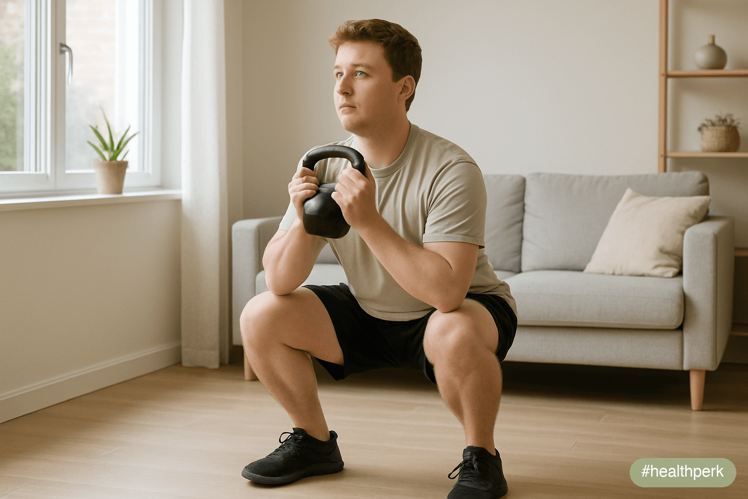 Photo of a beginner doing a goblet squat with a kettlebell in a home setup, athletic clothing, daylight from a window — illustrating best exercises for weight loss beginners through full-body compound