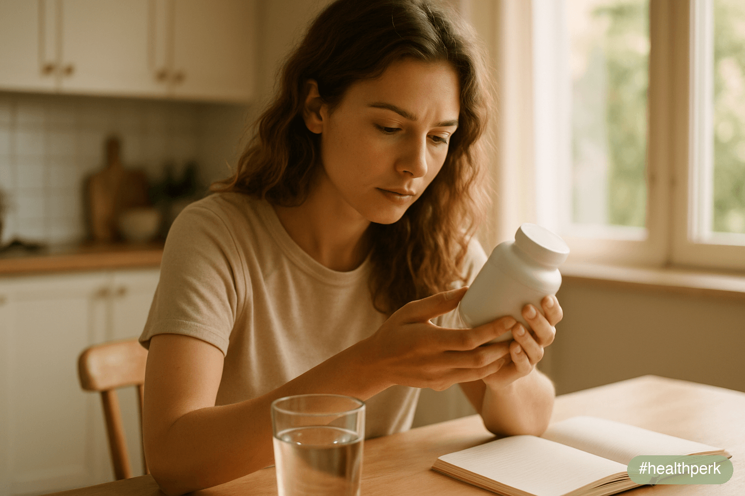 Photo of a beginner reading supplement labels at a kitchen table with a notebook and a glass of water, soft morning light — illustrating best fat burning supplements for beginners as a careful evaluat