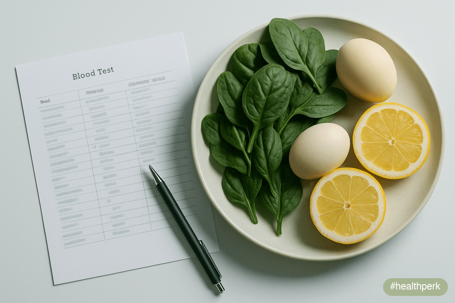 Photo of a blood panel printout next to a plate of leafy greens, eggs, and citrus fruit — illustrating vitamin deficiency and immunity through measurable repletion rather than empirical supplementatio