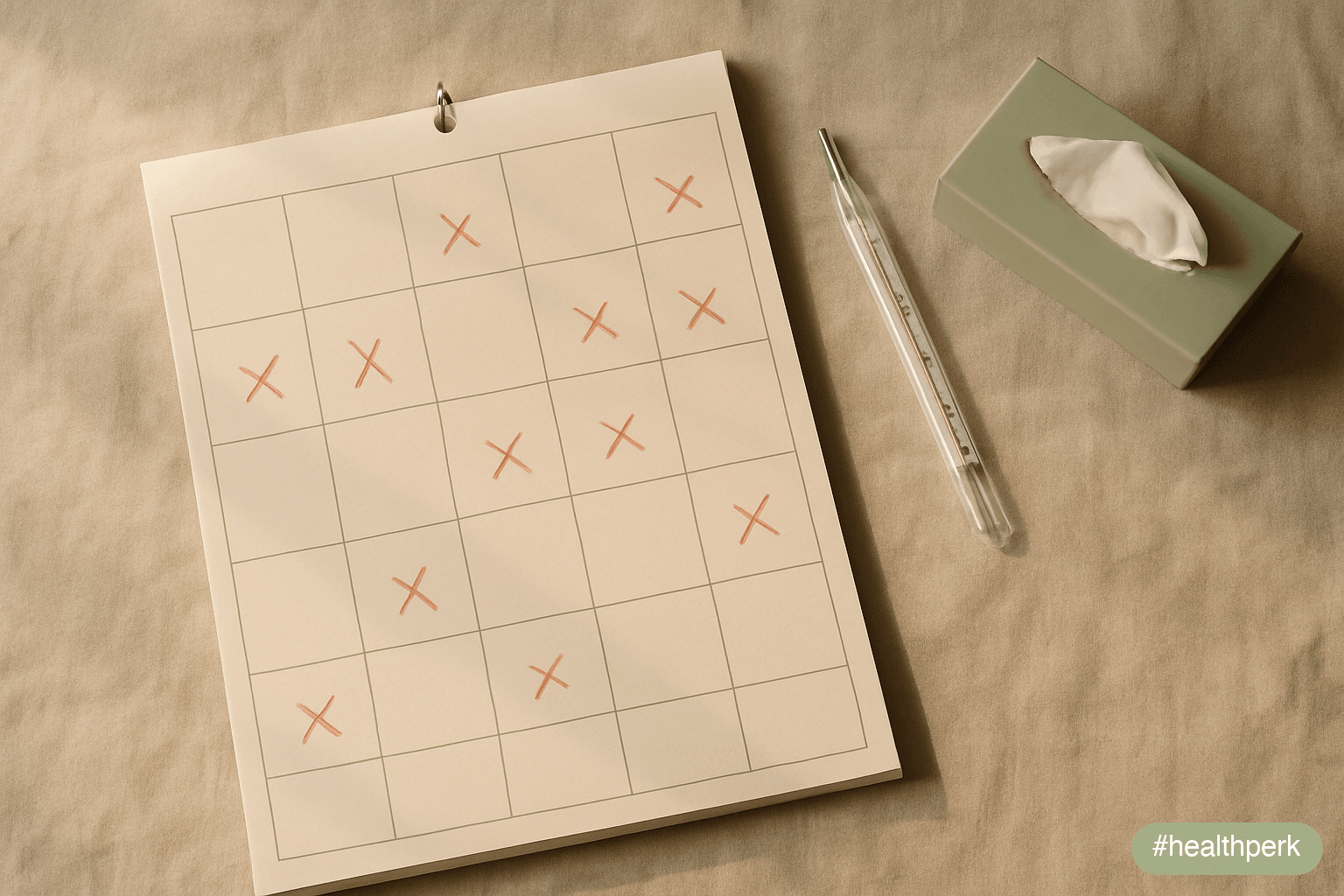 Photo of a calendar with sick days marked across multiple months, alongside a thermometer and tissue box — illustrating signs of low immunity through frequency rather than single illness severity