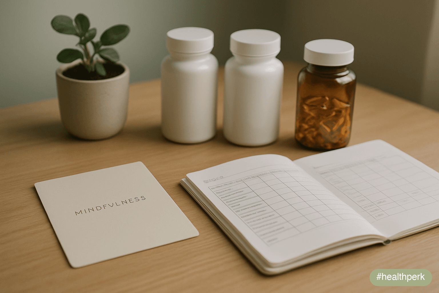 Photo of a calm desk with a printed mindfulness card, a CBT-i sleep diary, an L-theanine bottle, an ashwagandha bottle with USP Verified seal, and an omega-3 EPA bottle — illustrating supplements for