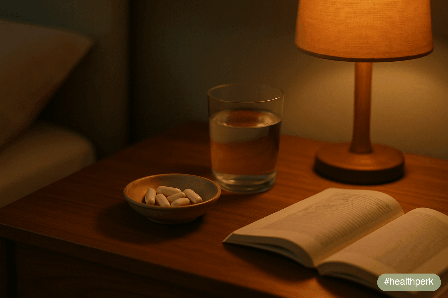 Photo of a calm wooden bedside table at dusk with a small dish of magnesium glycinate capsules, a glass of water, and an open paperback book, illustrating magnesium benefits for sleep and anxiety as p