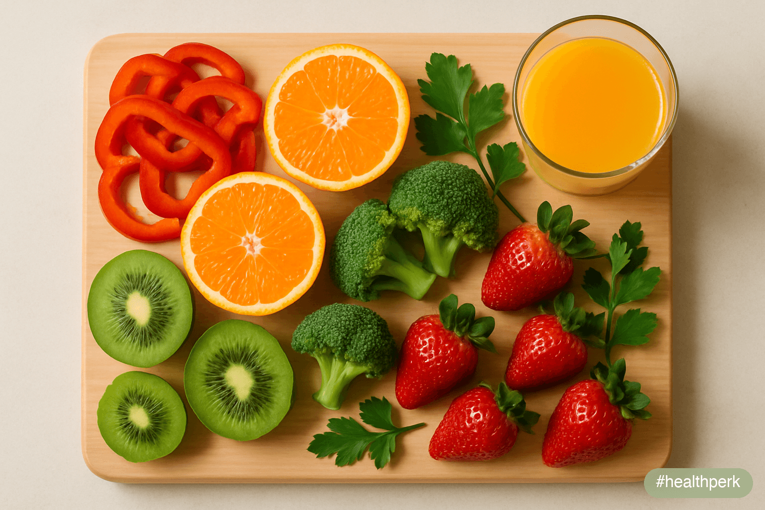 Photo of a chopping board with sliced red bell peppers, oranges, kiwi, broccoli florets, strawberries, and a sprig of parsley arranged around a glass of orange juice — illustrating foods rich in vitam