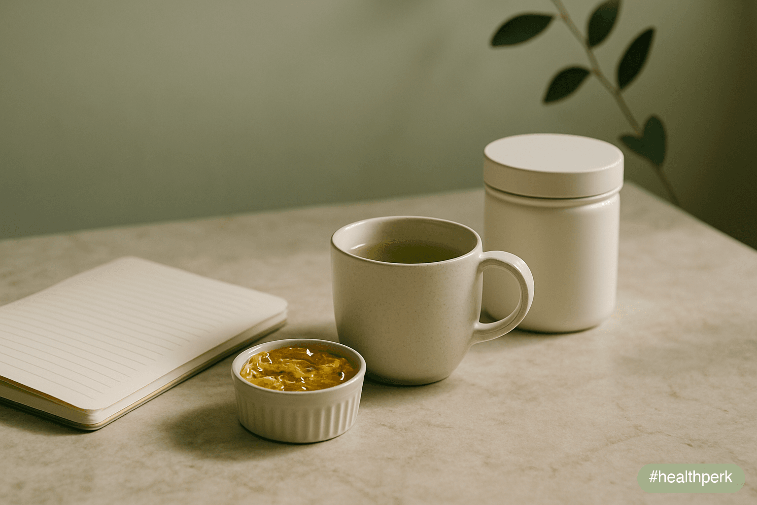 Photo of a clean wooden desk with a notebook, a small ramekin of fish-oil capsules, a cup of green tea, and a creatine container — illustrating supplements for mental energy and focus.