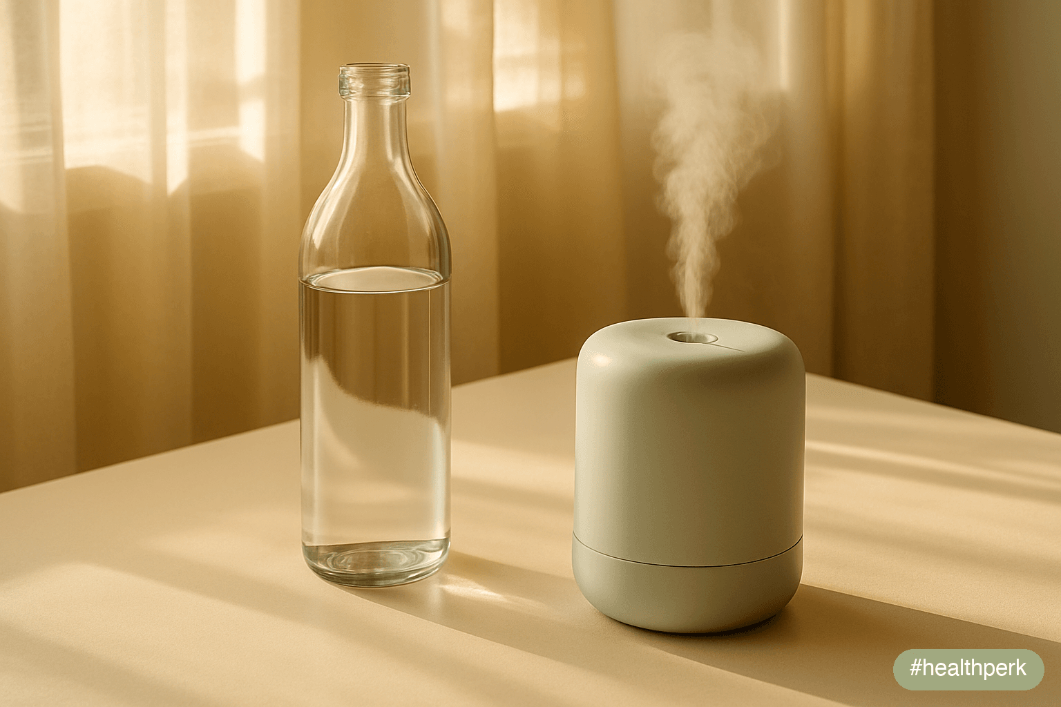 Photo of a clear glass water bottle next to a humidifier emitting visible mist in a sunlit room — illustrating hydration and immunity through both internal fluid intake and airway moisture