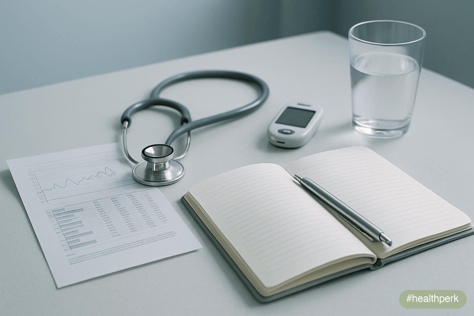 Photo of a clinical desk with a hormone panel printout, a stethoscope, a glucose meter, a notebook with the words "hormonal weight gain causes" handwritten at the top, and a glass of water — illustrat