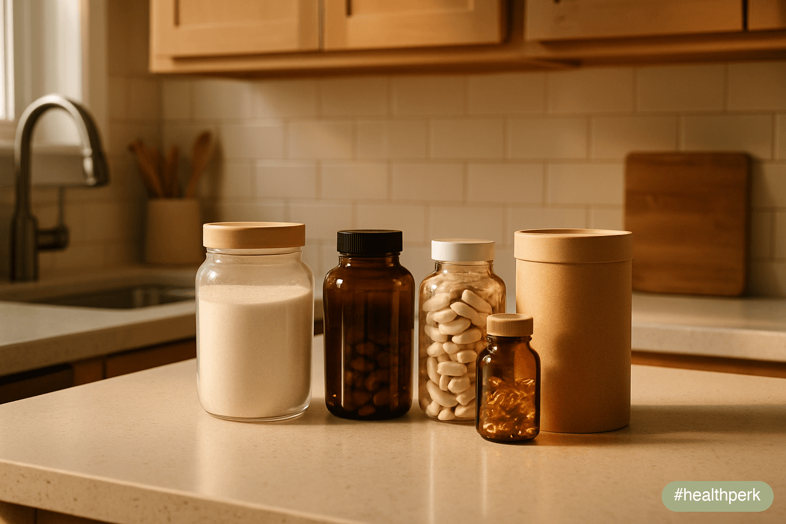 Photo of a counter with a small selection of credible supplements — inositol jar, vitamin D bottle, magnesium glycinate, omega-3 capsules, a fiber tub — and a note that reads "supplements support, do