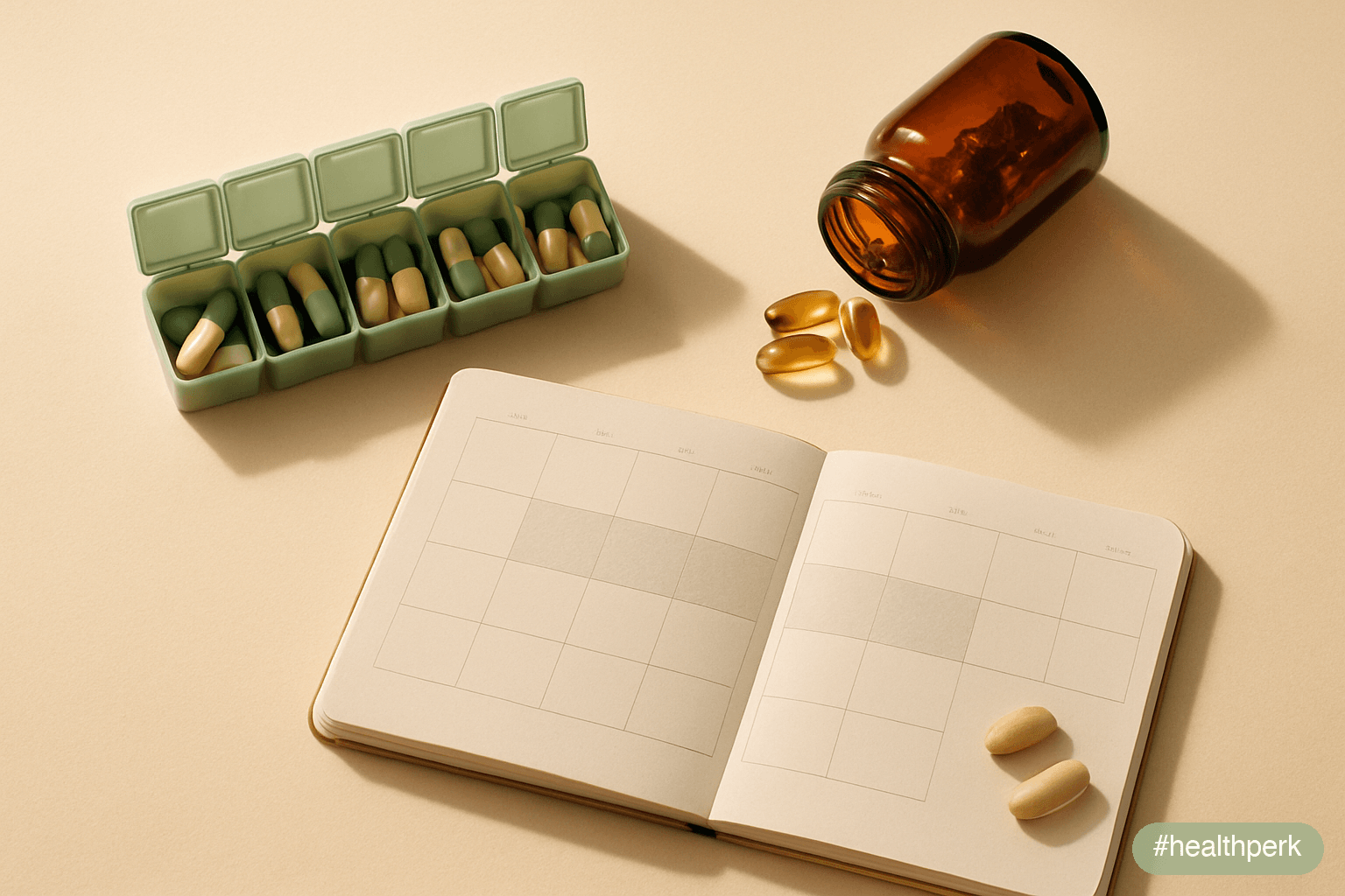 Photo of a daily pill organizer next to a calendar with a 90-day window highlighted, a bottle of fish oil, a vitamin D capsule, a calcium tablet, and a magnesium glycinate capsule — illustrating risks