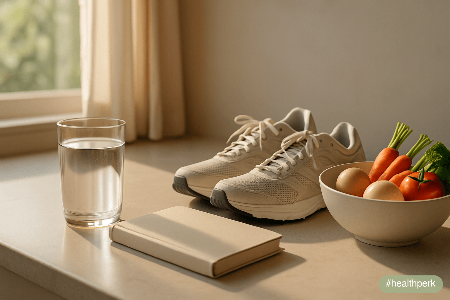 Photo of a daylit kitchen counter with a glass of water, a closed notebook, a pair of running shoes, and a bowl of eggs and vegetables — the small, consistent set of inputs that shapes a day, nothing