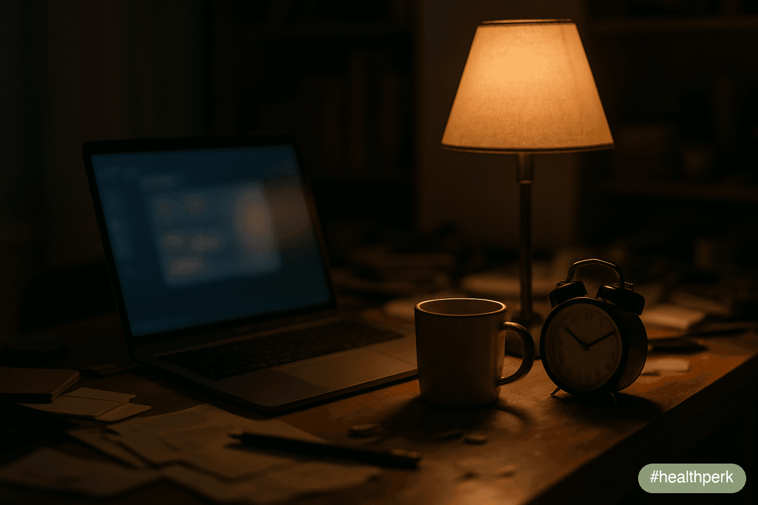 Photo of a desk scene with a laptop, half-finished coffee, an alarm clock showing late hour, dim warm light — illustrating stubborn belly fat causes through the lifestyle inputs that drive visceral fa