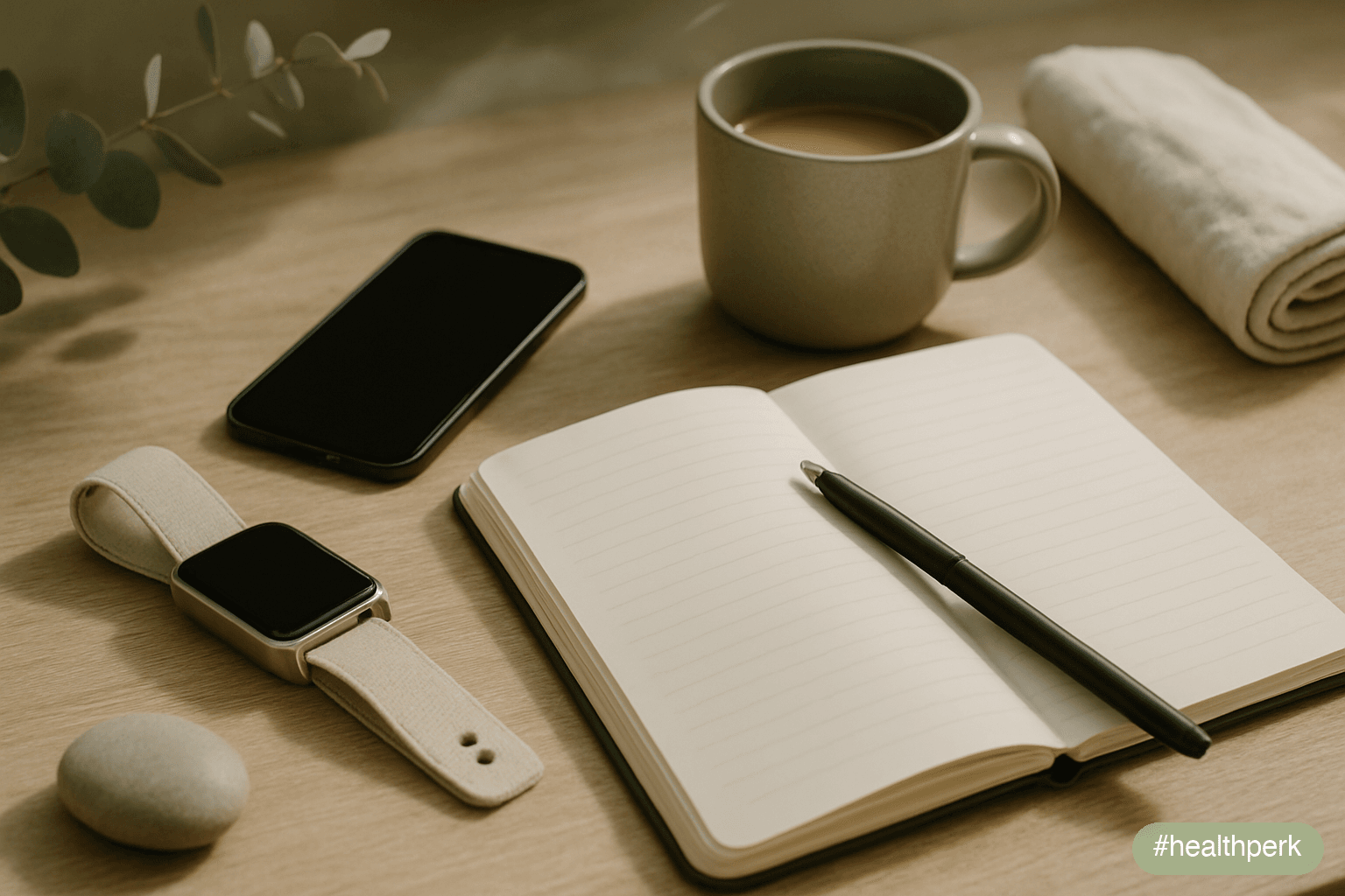 Photo of a desk with a watch resting face-down, a phone beside it with a dark screen, and an open notebook with a pen resting across it — the clean surface of someone who has decided what matters toda