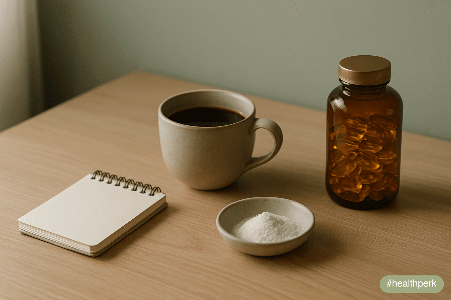 Photo of a desk with a notepad, a cup of coffee, a small dish of creatine powder, and a bottle of omega-3 capsules, illustrating a supplement stack for focus as a quiet cognitive routine rather than a