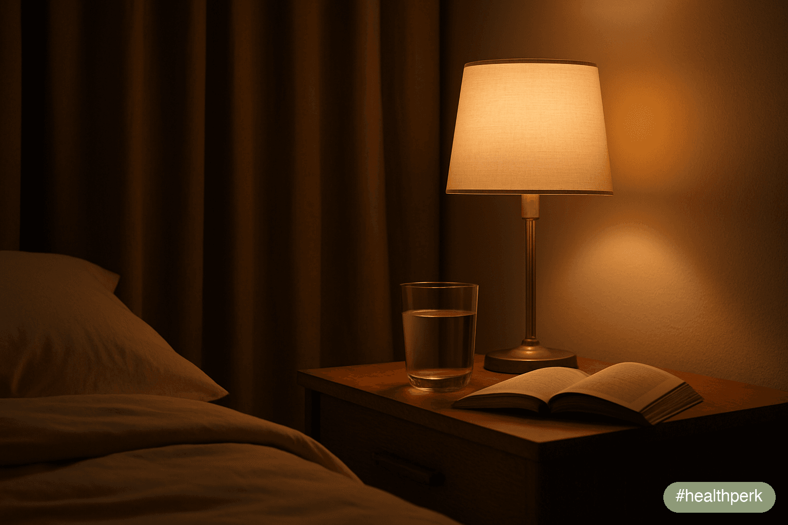 Photo of a dim bedroom at night with blackout curtains drawn, a glass of water on the nightstand, and a closed paper book under the warm glow of a bedside lamp — the low-tech environment of a room arr