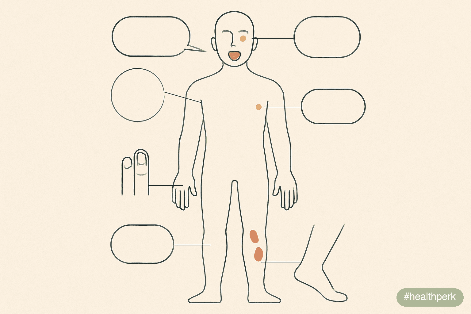 Photo of a face-and-body diagram with red dots marking common deficiency presentation sites — corners of the mouth (B vitamins), tongue (B12, iron), eyes (vitamin A, iron), nails (iron, biotin), skin