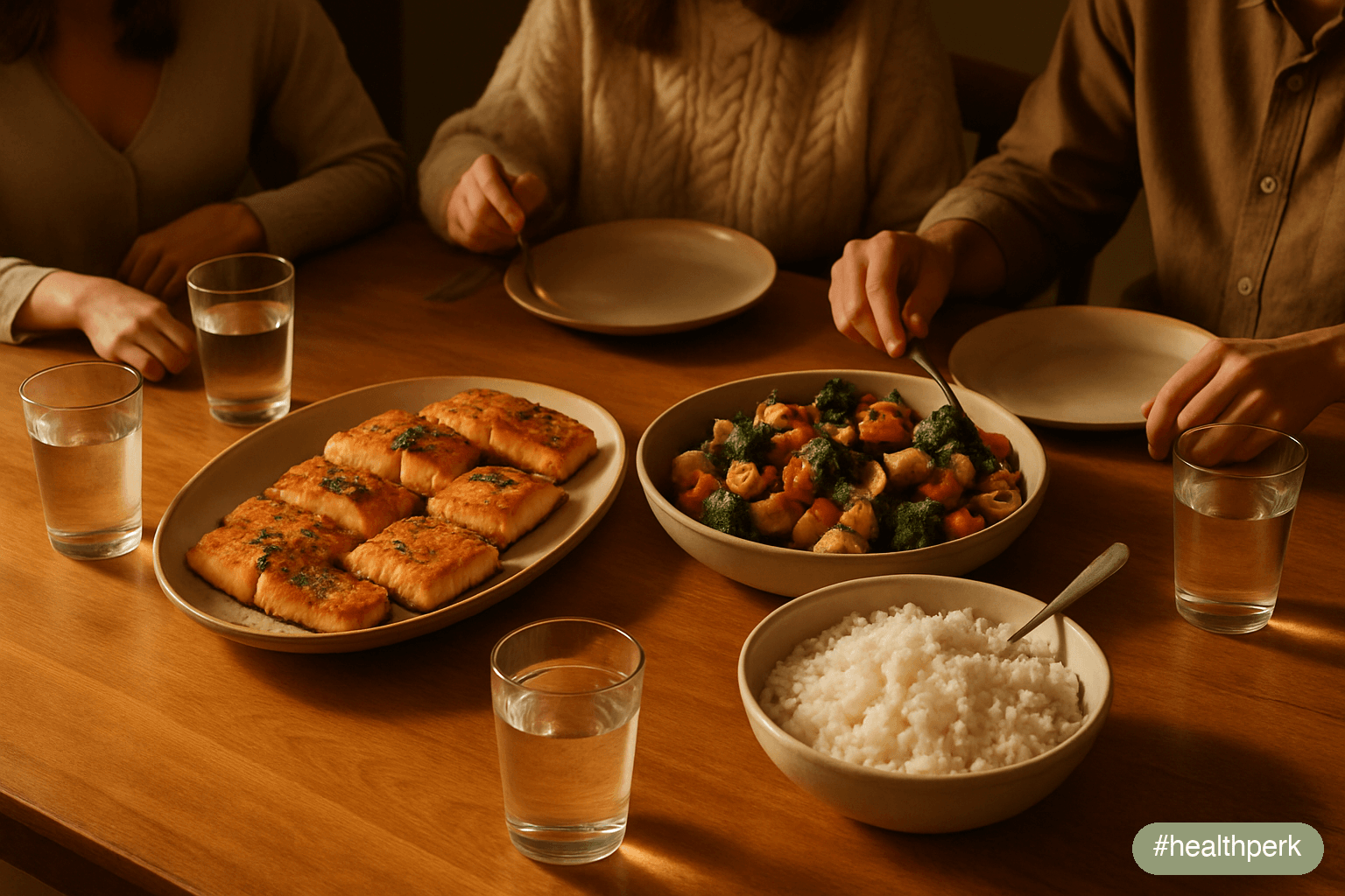 Photo of a family-style dinner with grilled salmon, a large vegetable side, rice, and a glass of water — showing generous portions of high-satiety foods illustrating how to lose weight without dieting