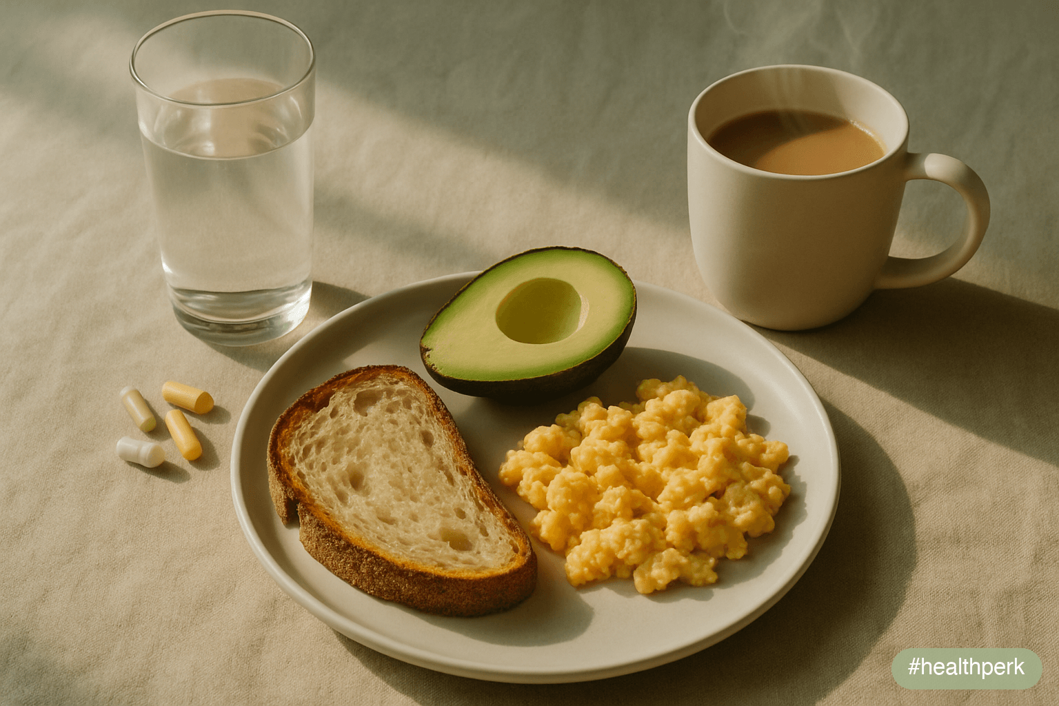 Photo of a small weekly pill organizer on a wooden kitchen table next to a glass of water, a fresh apple, and a notebook with handwritten supplement notes, illustrating a supplement routine for beginn