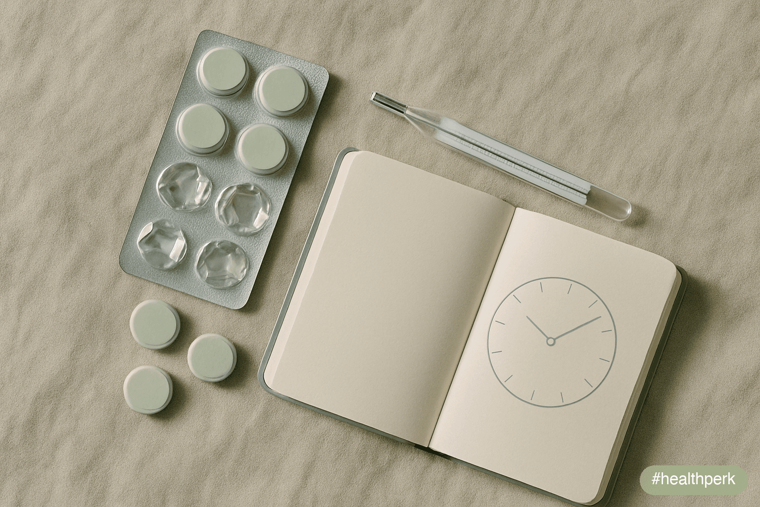 Photo of a half-opened blister pack of zinc lozenges next to a thermometer and a notebook with onset time written — illustrating zinc for immune system benefits during the first 24 hours of cold sympt