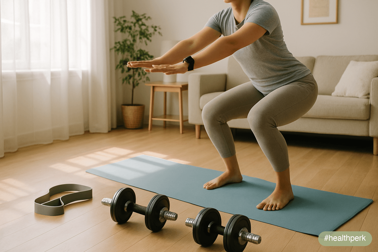 Photo of a home setup with a yoga mat, resistance band, two adjustable dumbbells, a step counter on the wrist, and a person doing a bodyweight squat — illustrating fat loss without gym through home-ba