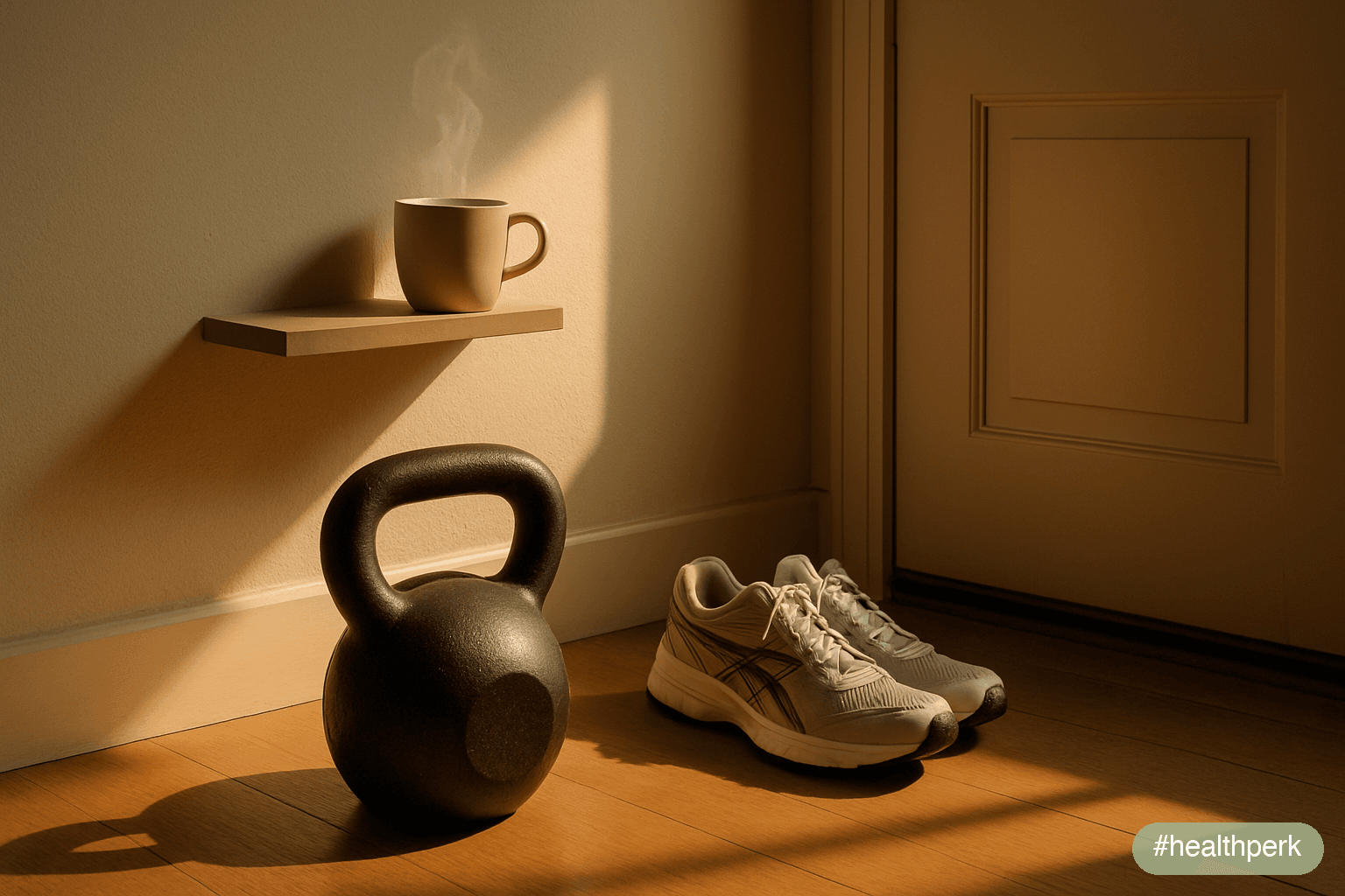 Photo of a kettlebell, a coffee cup, and walking shoes by a door, morning light — illustrating how to speed up metabolism fast through the few inputs with the largest short-term effect