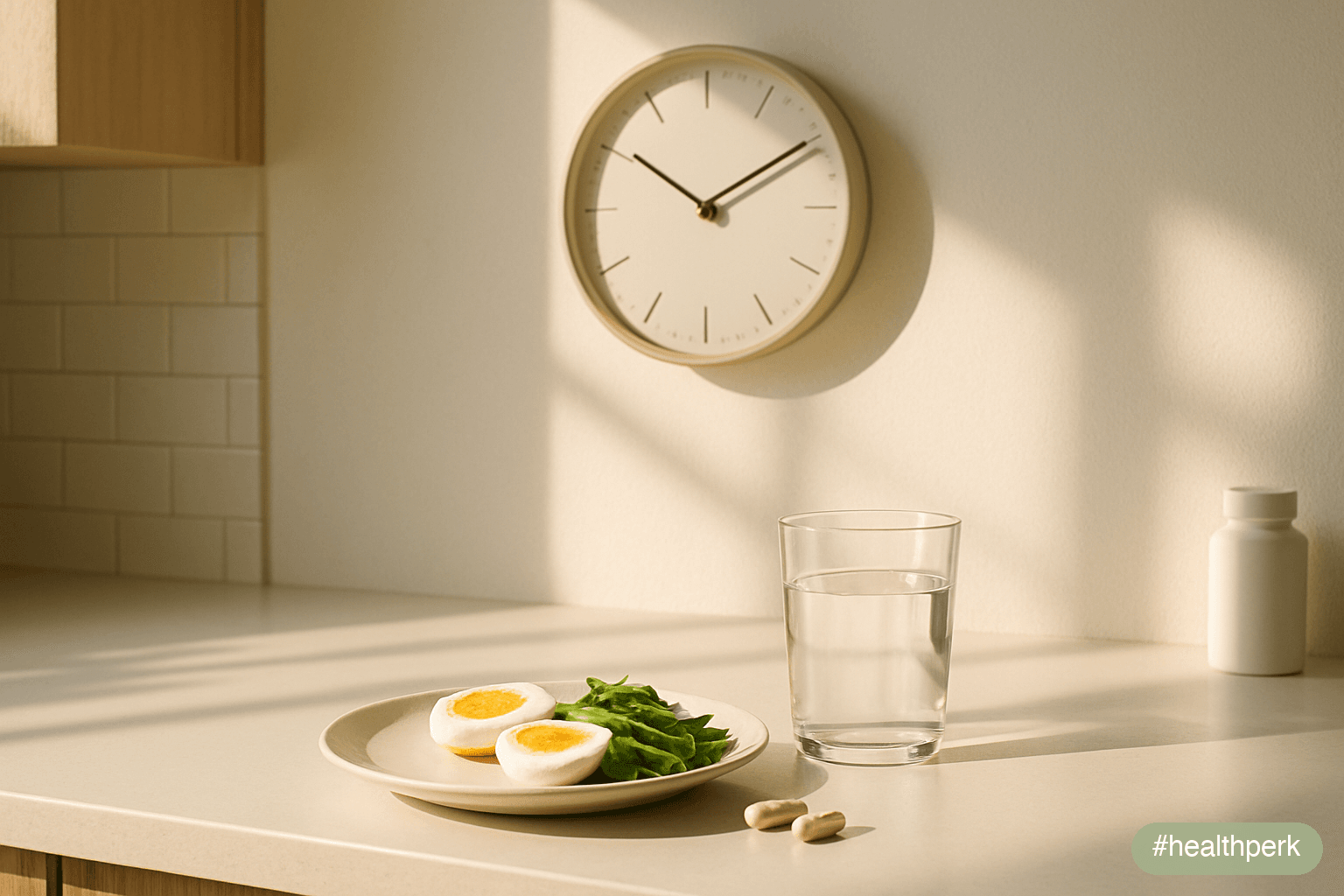 Photo of a kitchen clock showing late morning, with a first-meal plate of eggs and vegetables next to a few supplement bottles — illustrating intermittent fasting vs supplements as complementary tools