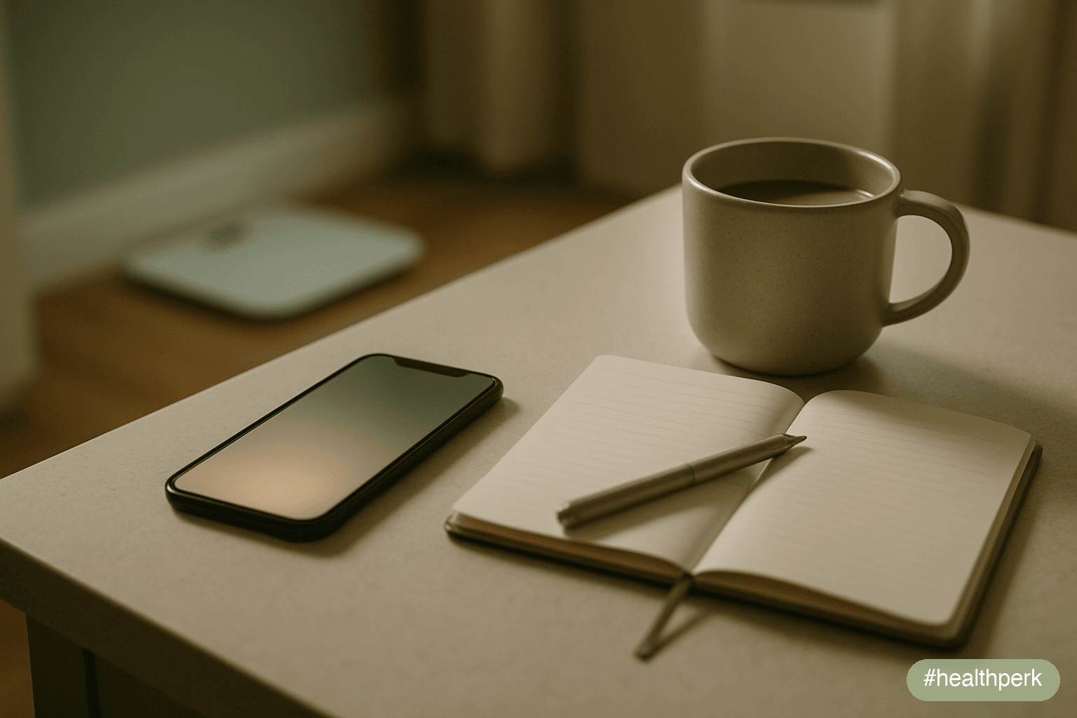 Photo of a kitchen counter at breakfast with a smartphone resting face-up, its screen showing only a soft ambient glow, a smart scale visible on the floor in the background, a small notebook open with