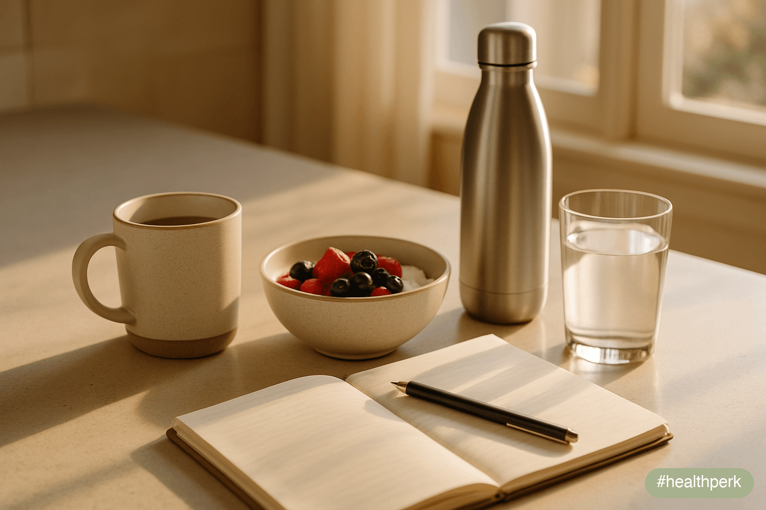 Photo of a wooden kitchen counter arranged with four amber supplement bottles, a plate of olive oil, leafy greens, salmon and walnuts, a pair of resistance bands, and a closed notebook beside them — a