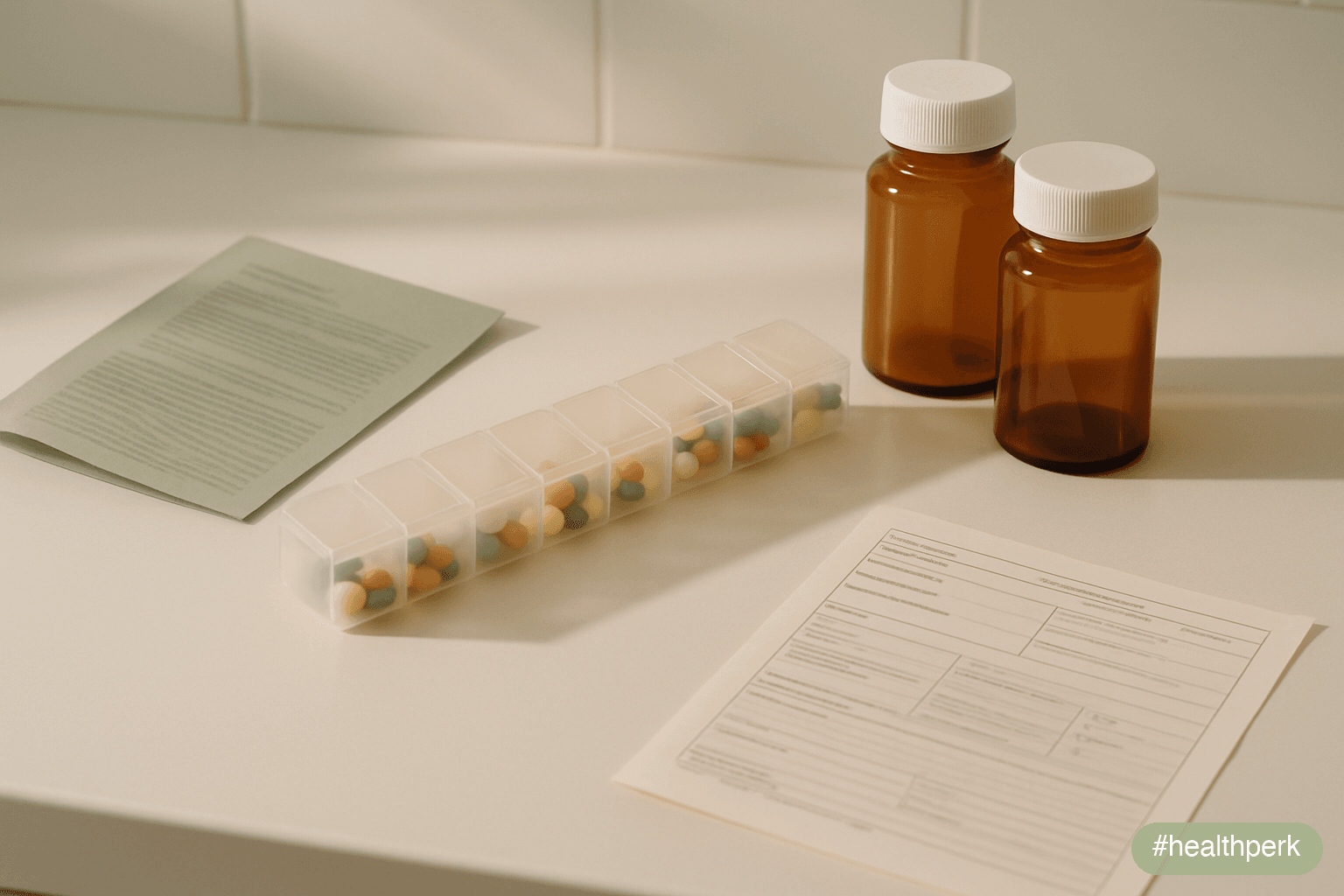 Photo of a kitchen counter with a weekly pill organizer holding a row of supplement capsules next to two prescription medication bottles, a printed "ask your pharmacist" pamphlet, and a lab requisitio
