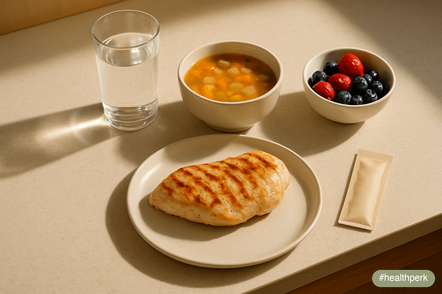 Photo of a kitchen counter with a glass of water, a bowl of vegetable soup, a portion of grilled chicken, a small dish of berries, and a fiber sachet — illustrating natural appetite suppressants that