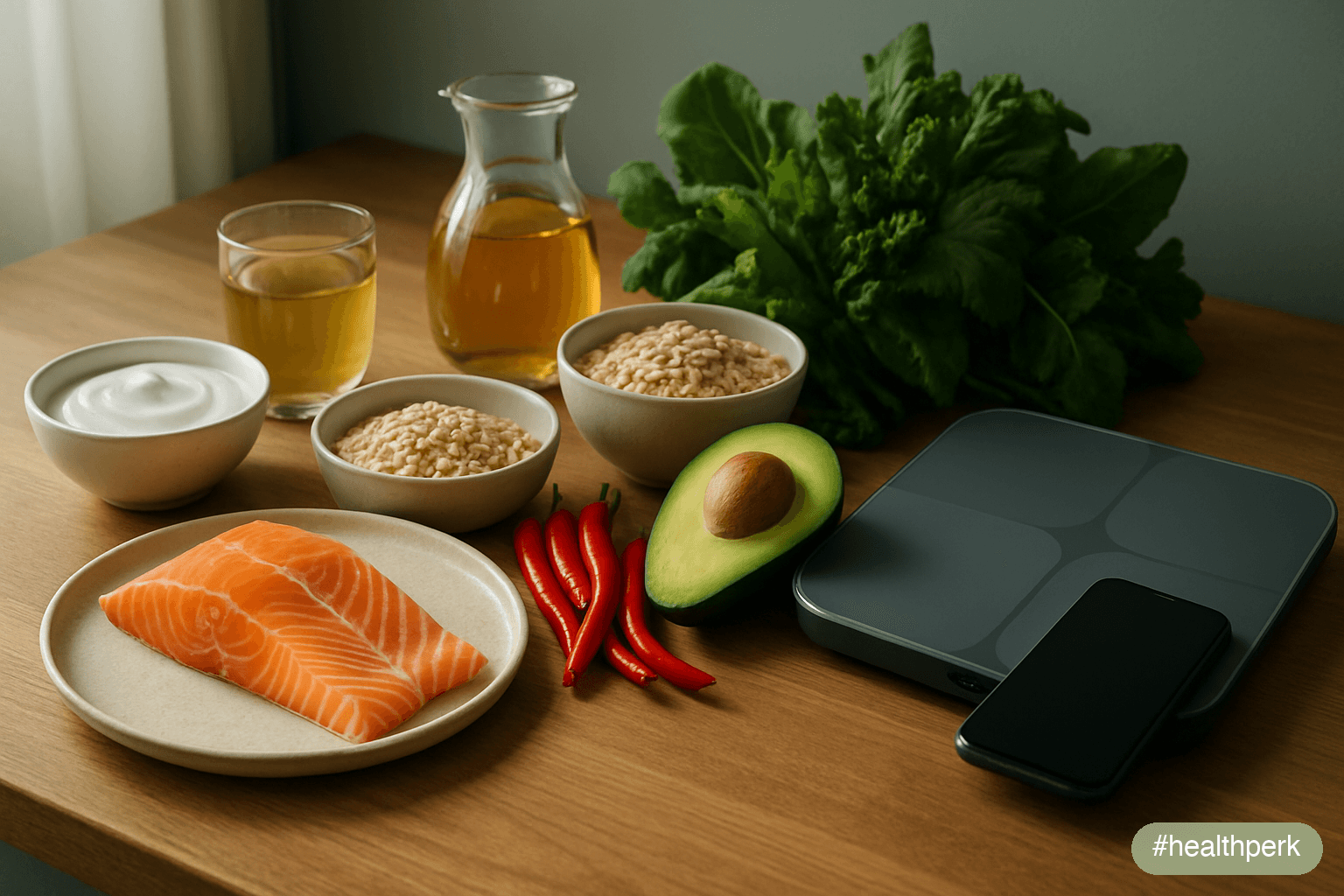 Photo of a kitchen counter arrangement showing salmon fillet, Greek yogurt, oats, green tea, chili peppers, avocado, apple cider vinegar, leafy greens, and a smart scale with a phone showing a trackin