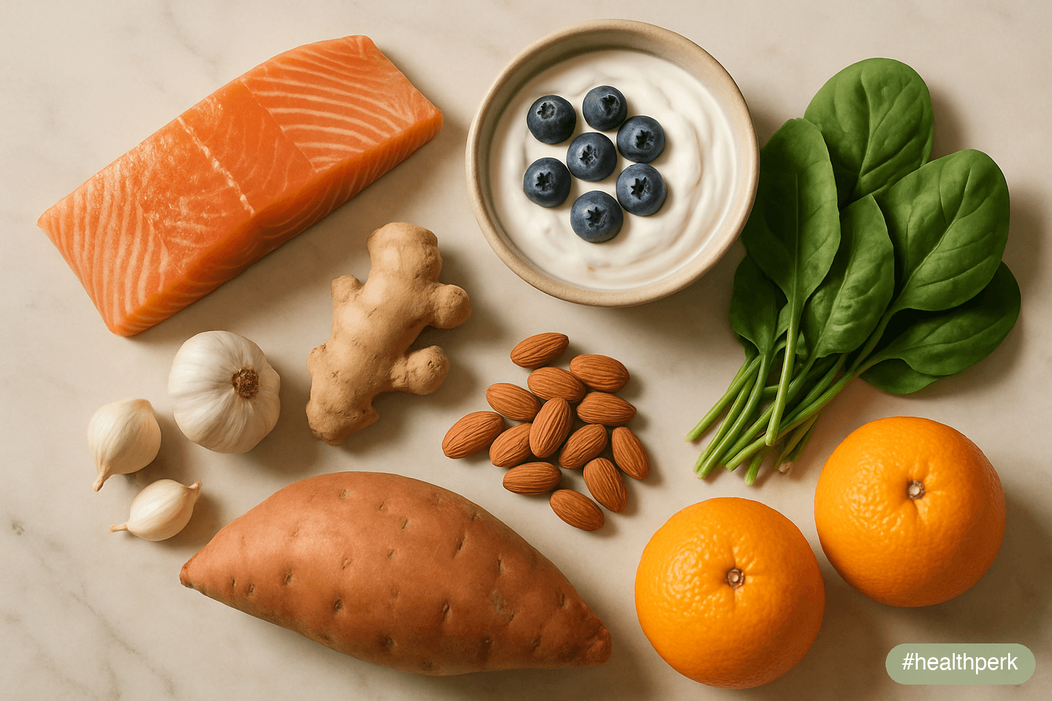 Photo of a kitchen counter arrangement showing salmon, plain yogurt, blueberries, garlic cloves, ginger root, spinach, almonds, sweet potatoes, and oranges — illustrating best foods for immune system