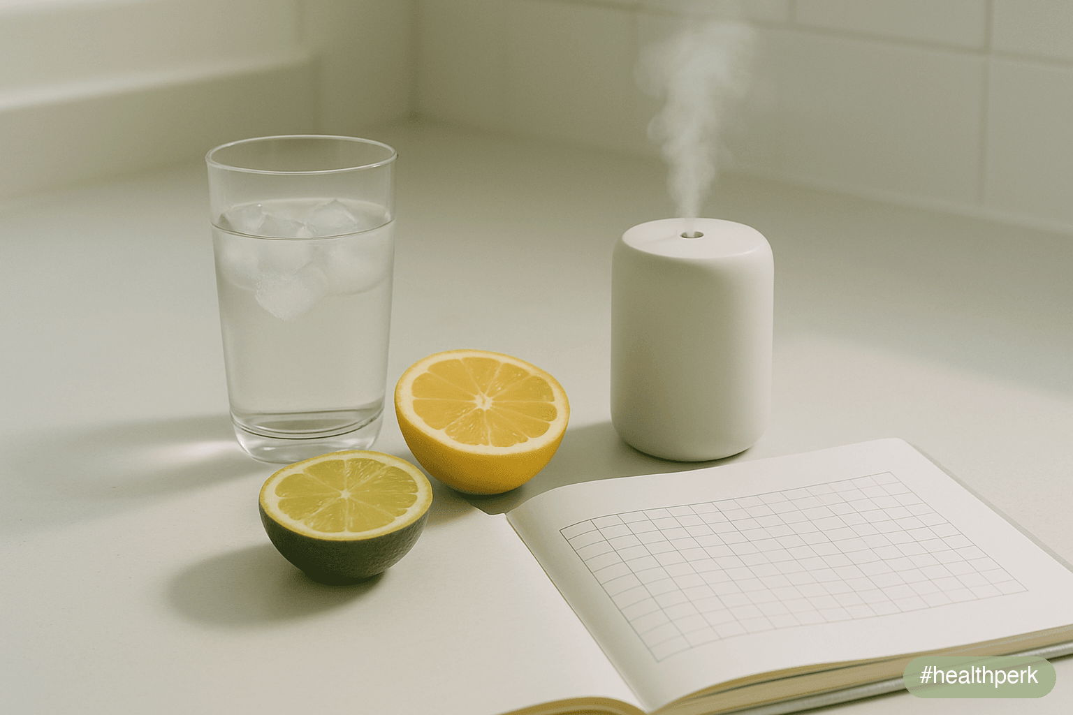 Photo of a kitchen counter with a glass of water, citrus fruit, a humidifier, and a journal showing a sleep log — illustrating ways to boost immune system quickly through immediate practical inputs