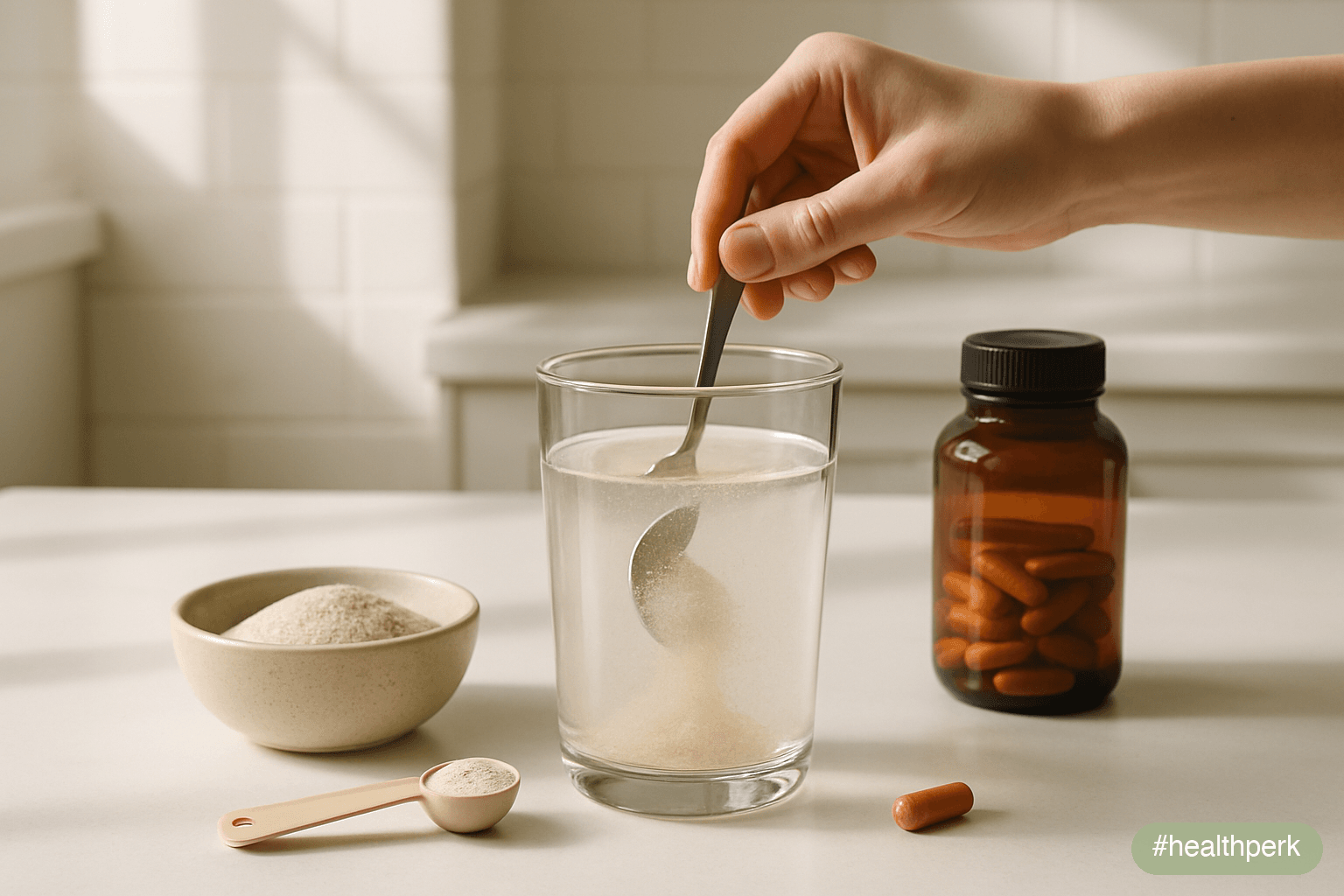 Photo of a kitchen counter with a fiber sachet being mixed into water, a small bowl of psyllium husk, a glucomannan capsule bottle, and a measuring spoon — illustrating supplements to reduce appetite