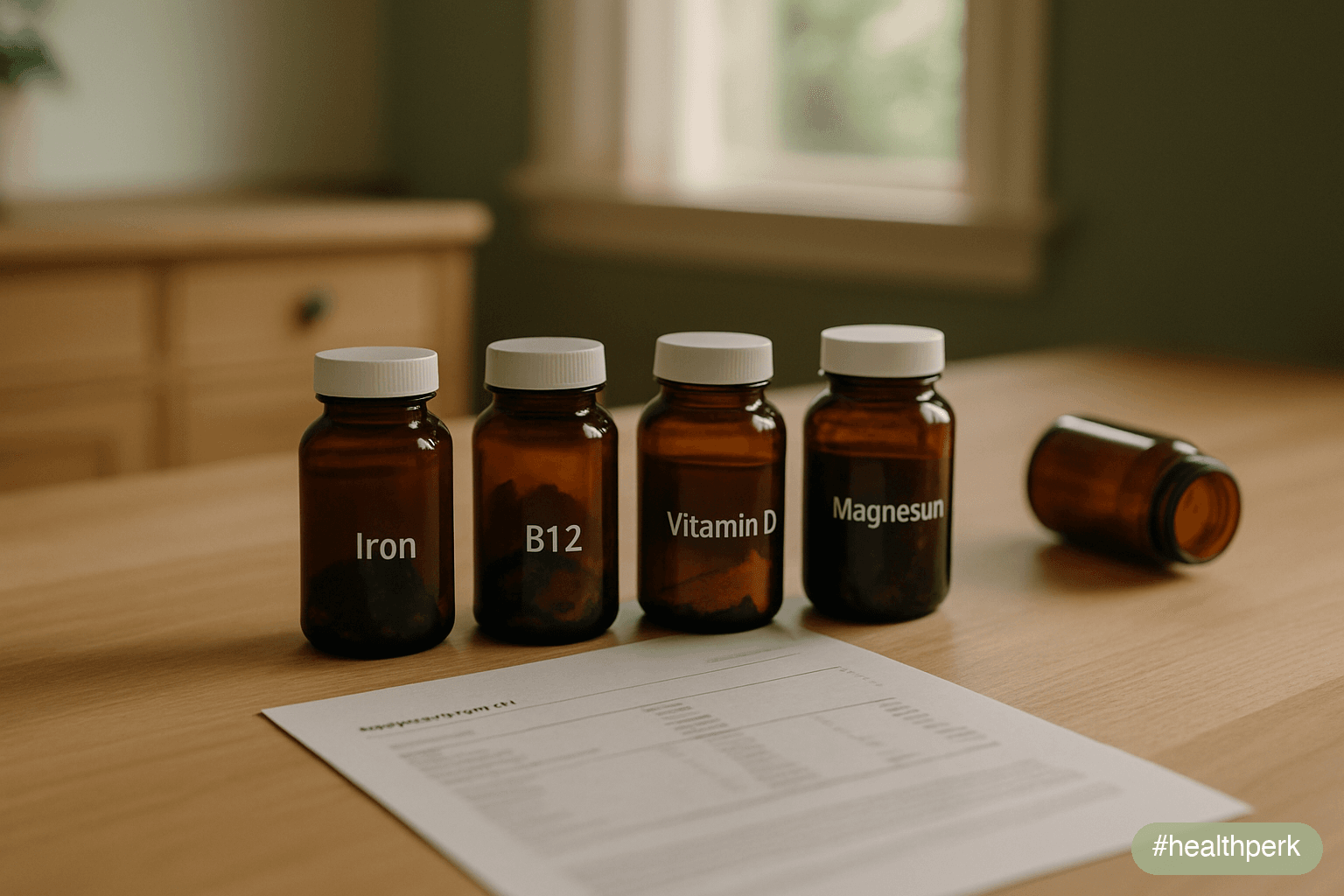 Photo of an open kitchen drawer organised into four labelled compartments — "Immune (vitamin D, zinc, vitamin C, selenium)", "Energy / fatigue (iron only if low ferritin, B12, D)", "Sleep / stress (ma