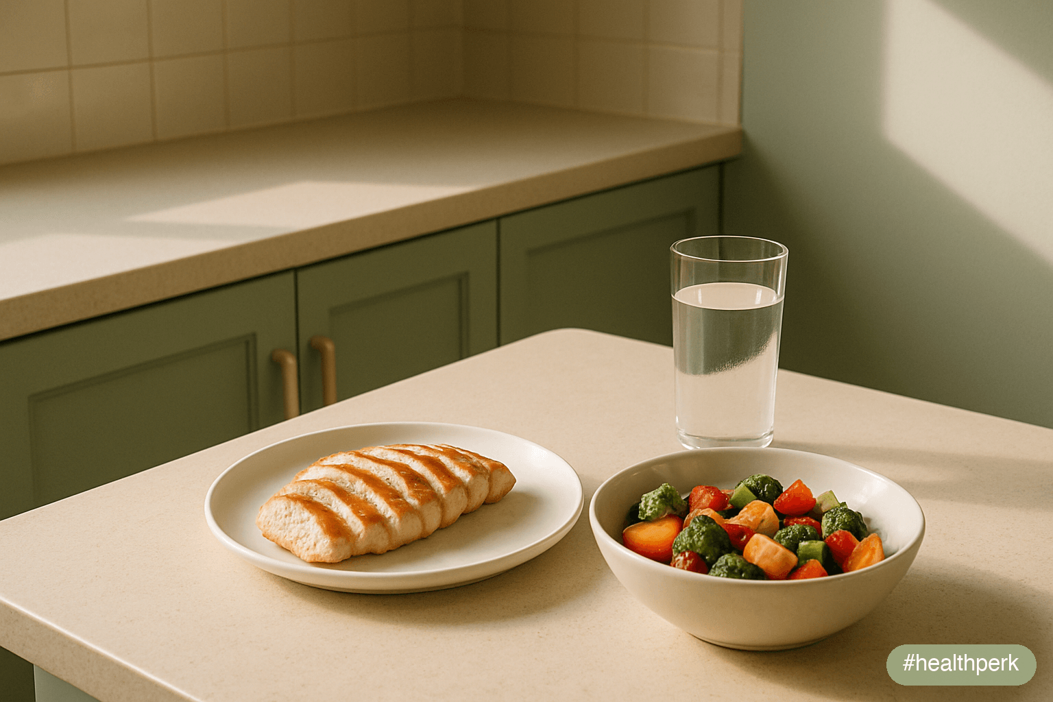 Photo of a kitchen counter with a meal prep of grilled chicken, roasted vegetables, and a glass of water — illustrating how to burn fat without exercise through dietary and lifestyle inputs