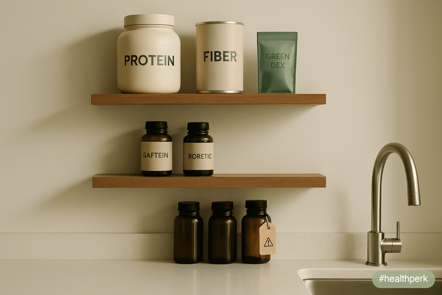 Photo of a kitchen counter with three labeled shelves — top shelf has protein, fiber, and a green tea sachet; middle shelf has caffeine pills and probiotic capsules; bottom shelf has unlabeled proprie