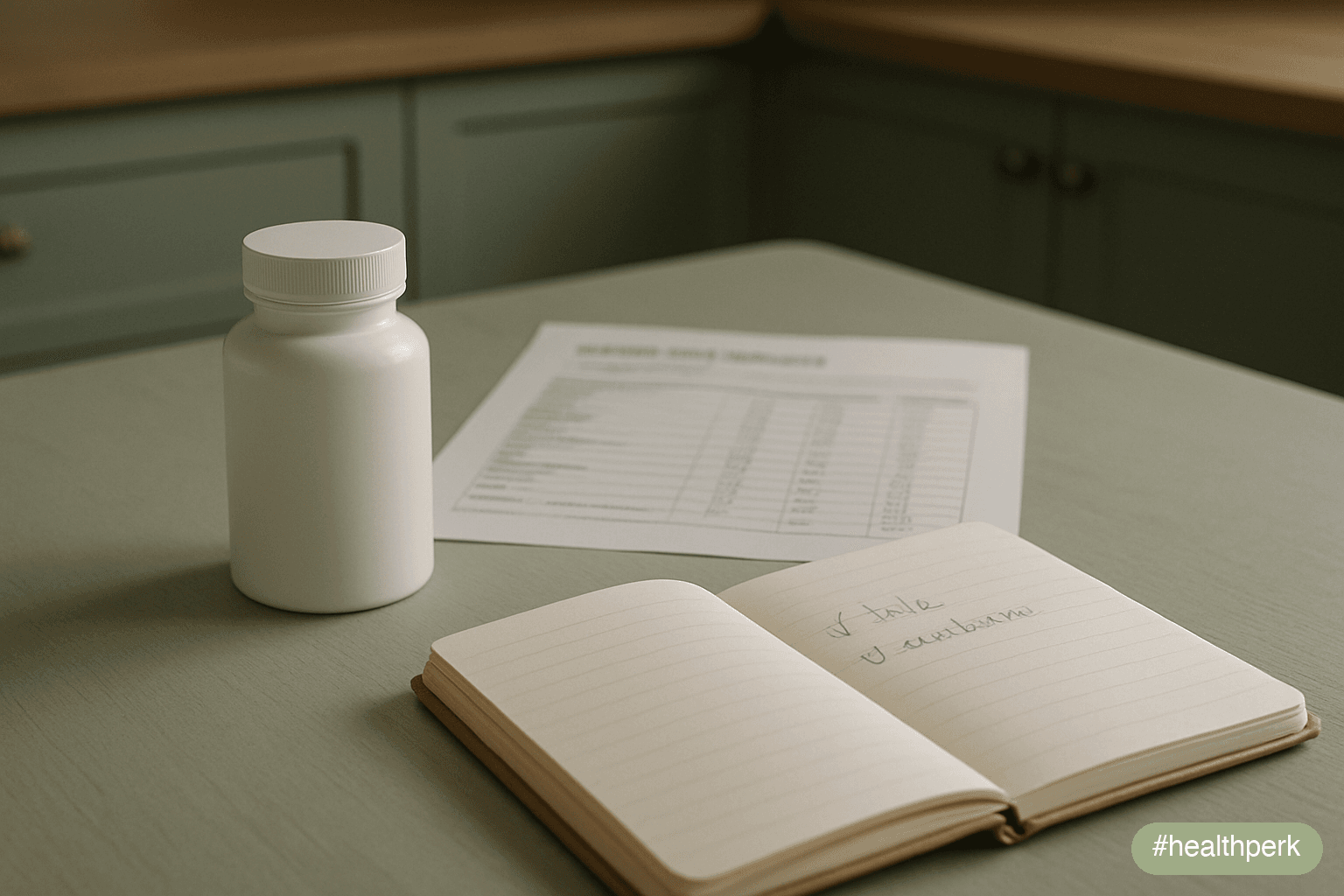 Photo of a kitchen counter with a single supplement bottle, a printed blood-test result, and a notebook listing target dose and trial duration, illustrating how to choose supplements safely as a delib