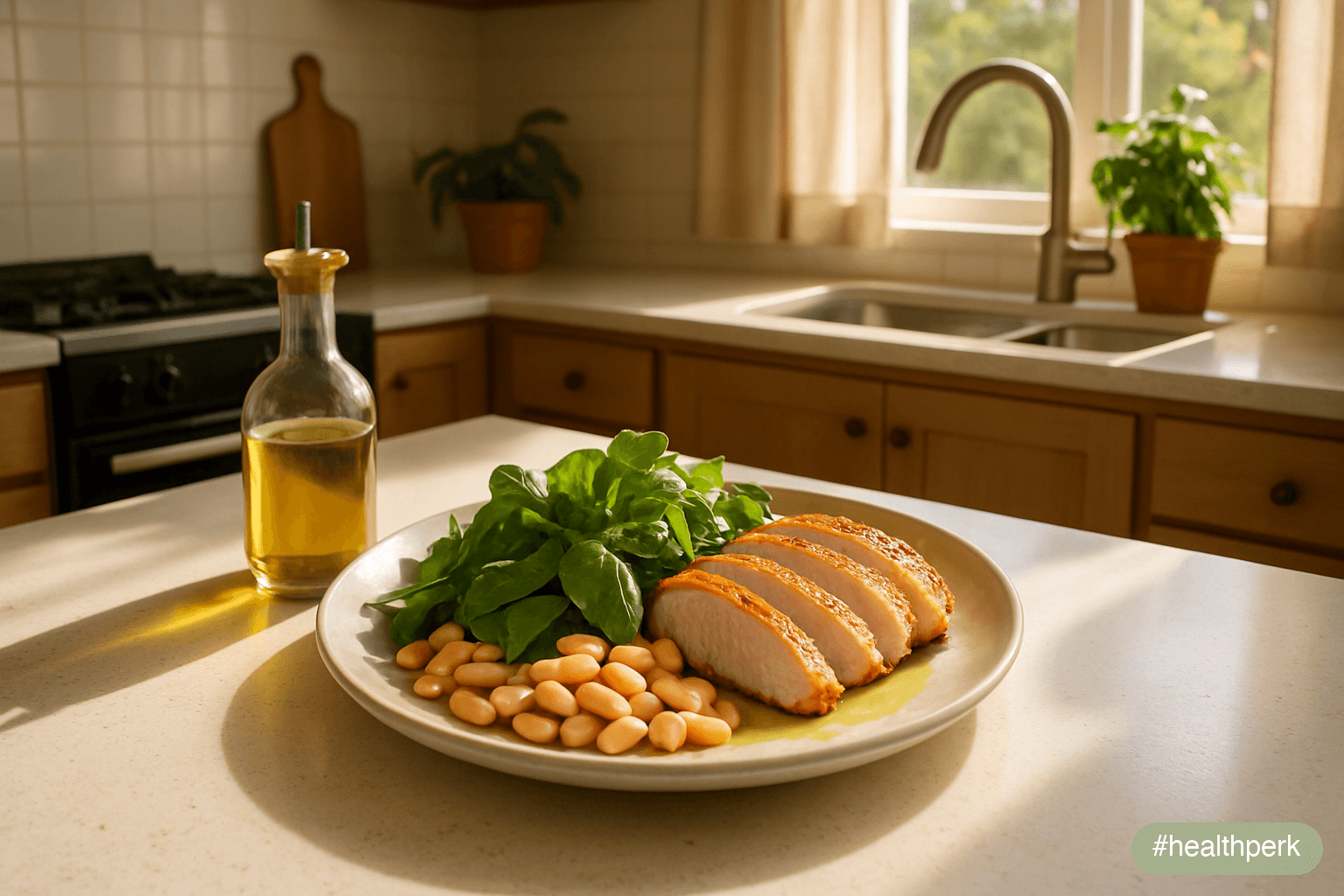 Photo of a kitchen with a plate of grilled chicken, leafy greens, beans, and olive oil, daylight through a window — illustrating how to lose weight sustainably through unrestrictive food patterns