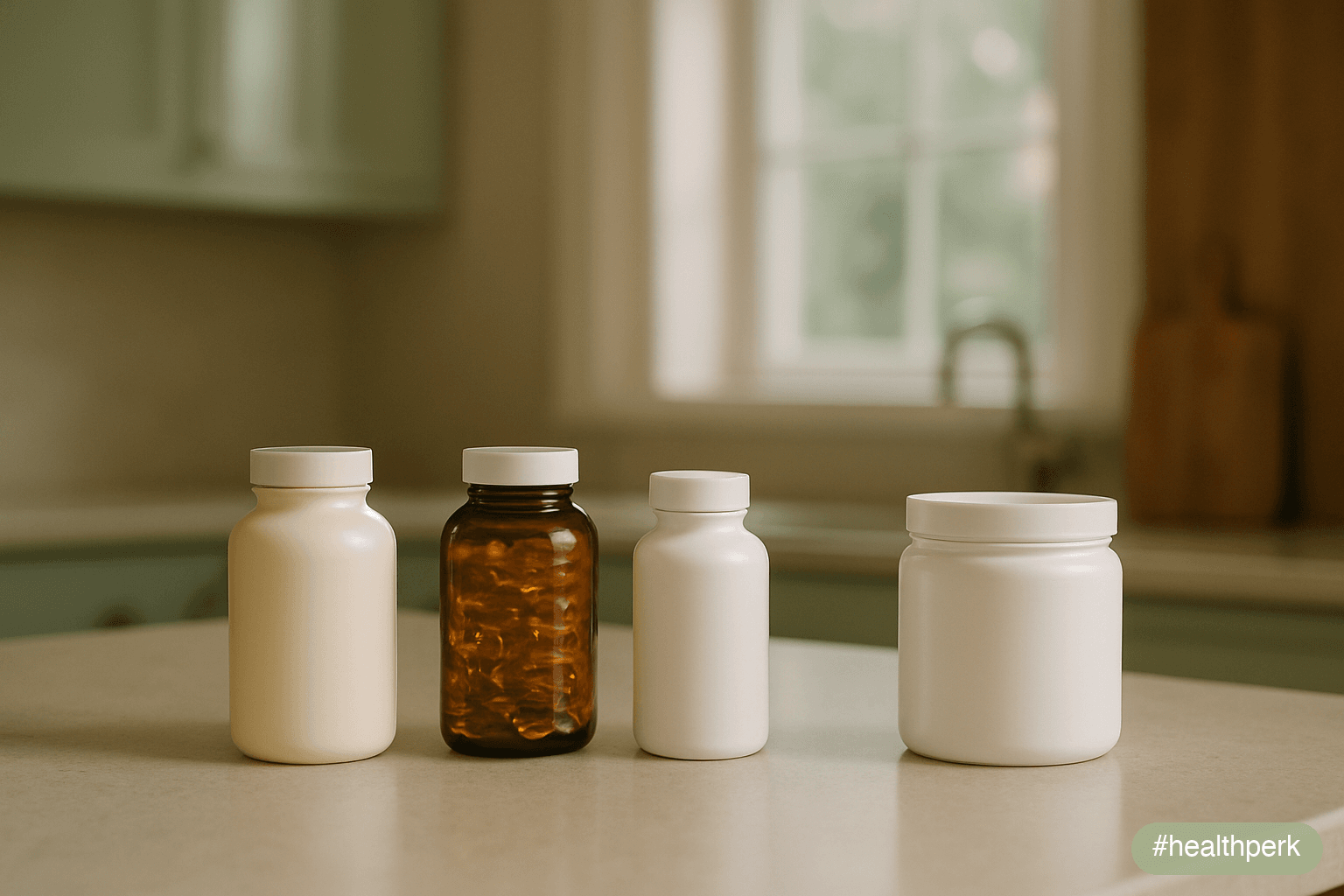 Photo of a kitchen counter with an iron tablet, a methylcobalamin (B12) tablet, a vitamin D capsule, a magnesium glycinate capsule, and an empty bottle labelled "energy formula" pushed off to the side