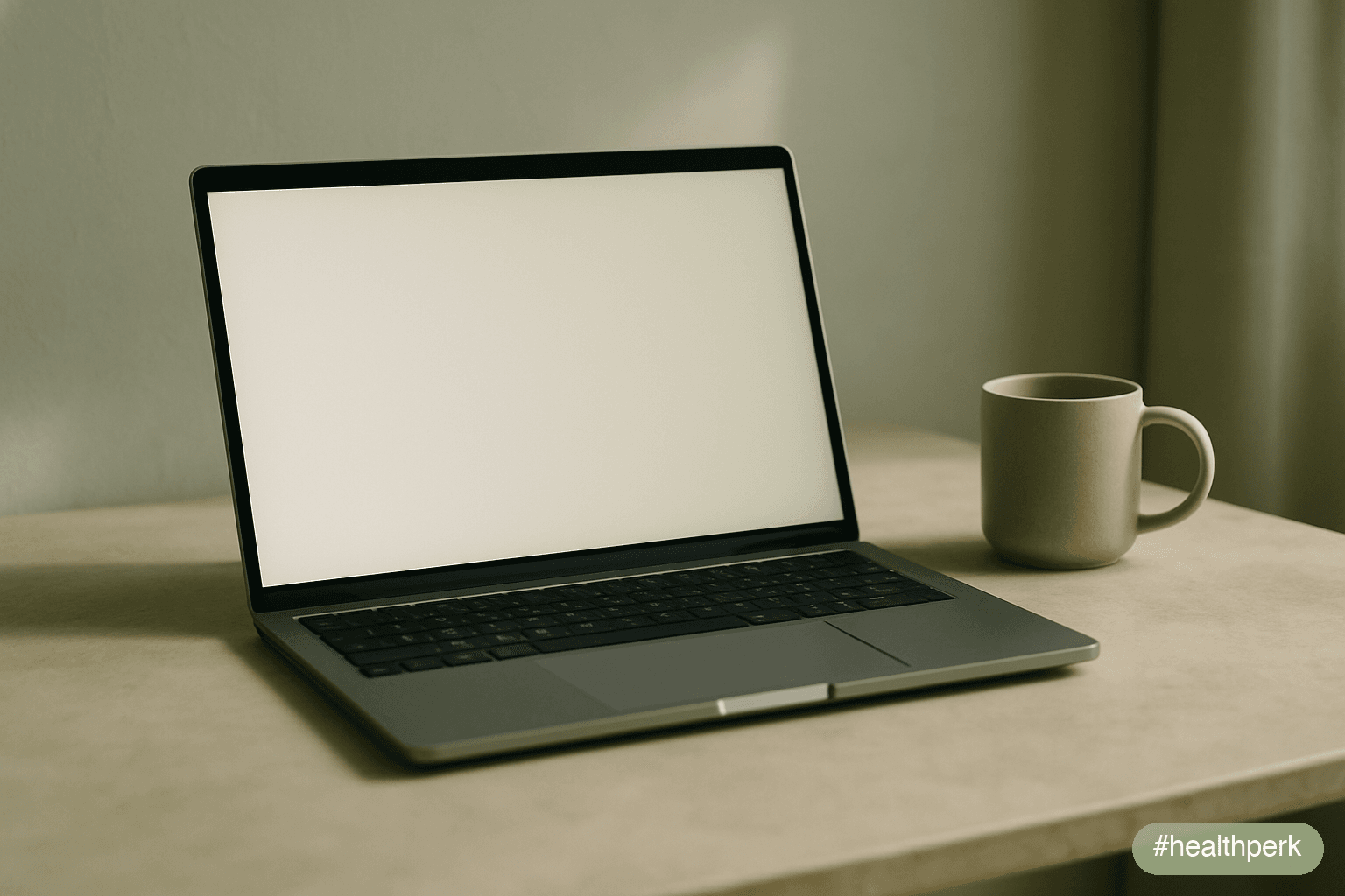 Photo of a laptop on a desk, its screen showing a plain unreadable document page — text too small and blurred to distinguish — a phone placed face-down beside a pair of over-ear headphones, the minima