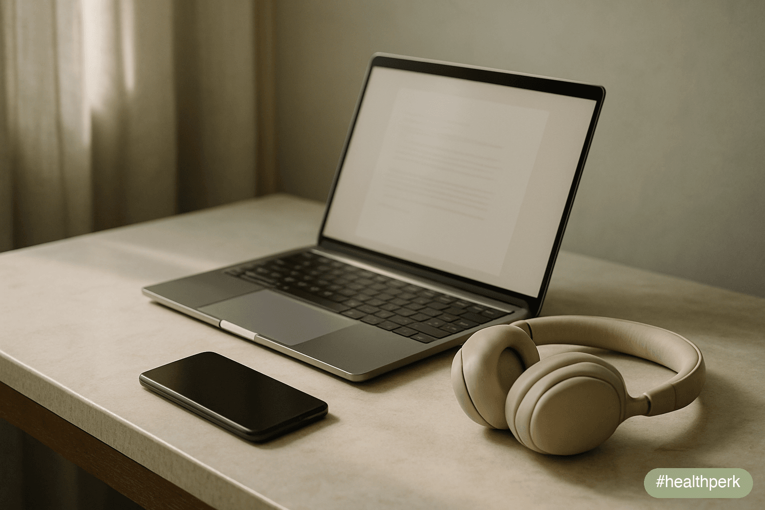 Photo of a laptop in full-screen mode, its display showing only a calm off-white surface — no visible text, toolbar, or UI elements — on a clean desk with nothing else but a ceramic mug to one side, t