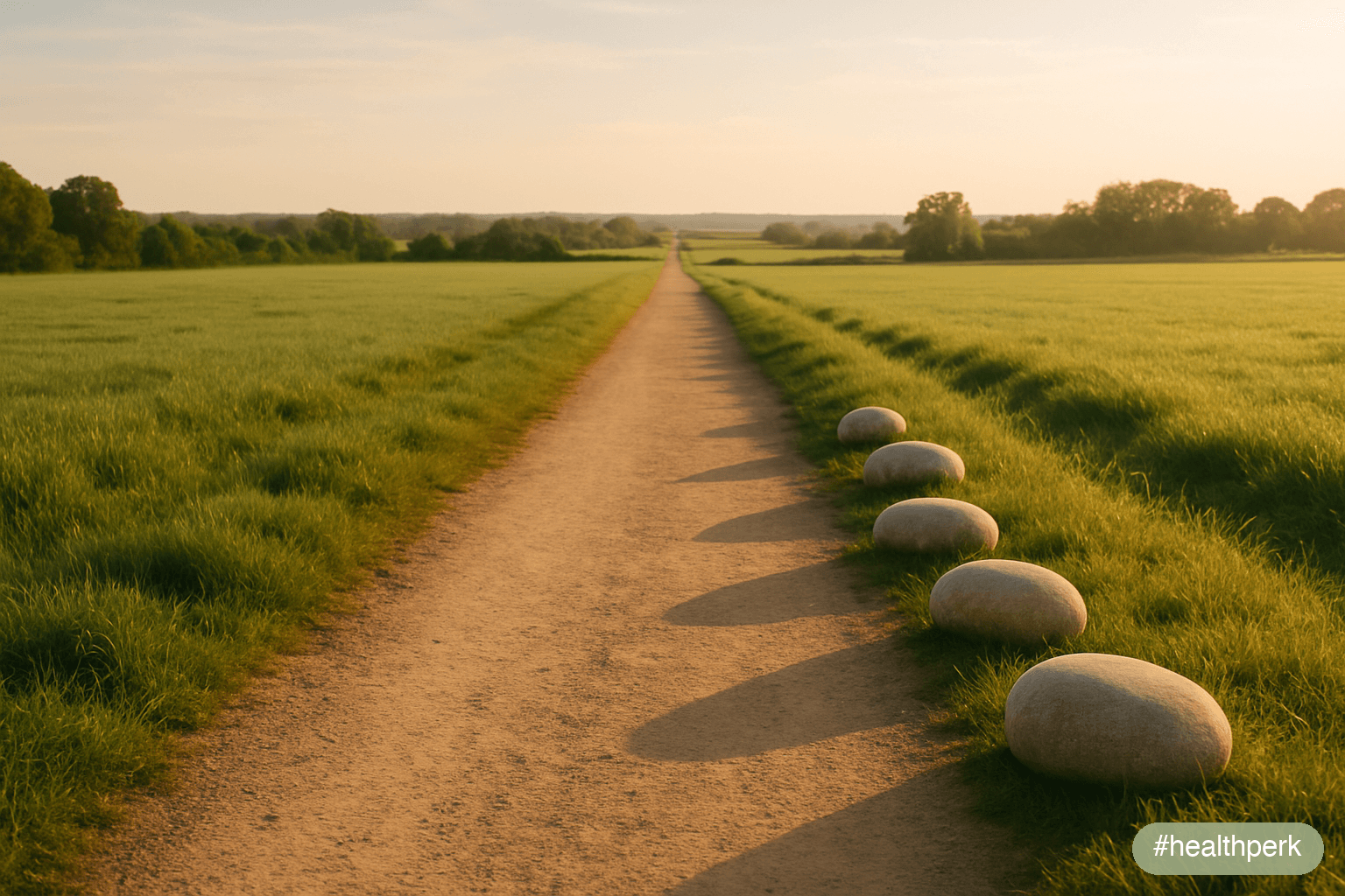 Photo of a long straight path stretching toward the horizon through open countryside — five evenly spaced stones placed along the verge, morning light from one side — the quiet visual of a journey mea