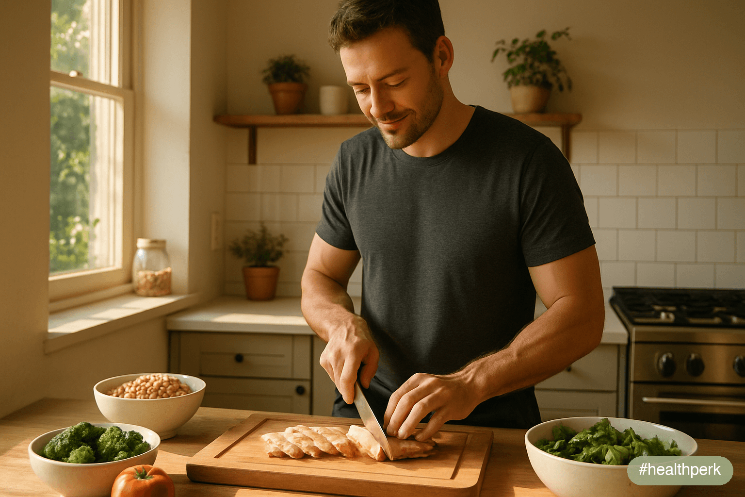 Photo of a man in his 30s or 40s preparing a high-protein meal in a sunlit kitchen, casual fitness clothing — illustrating fat loss tips for men through the dietary and training inputs most relevant t