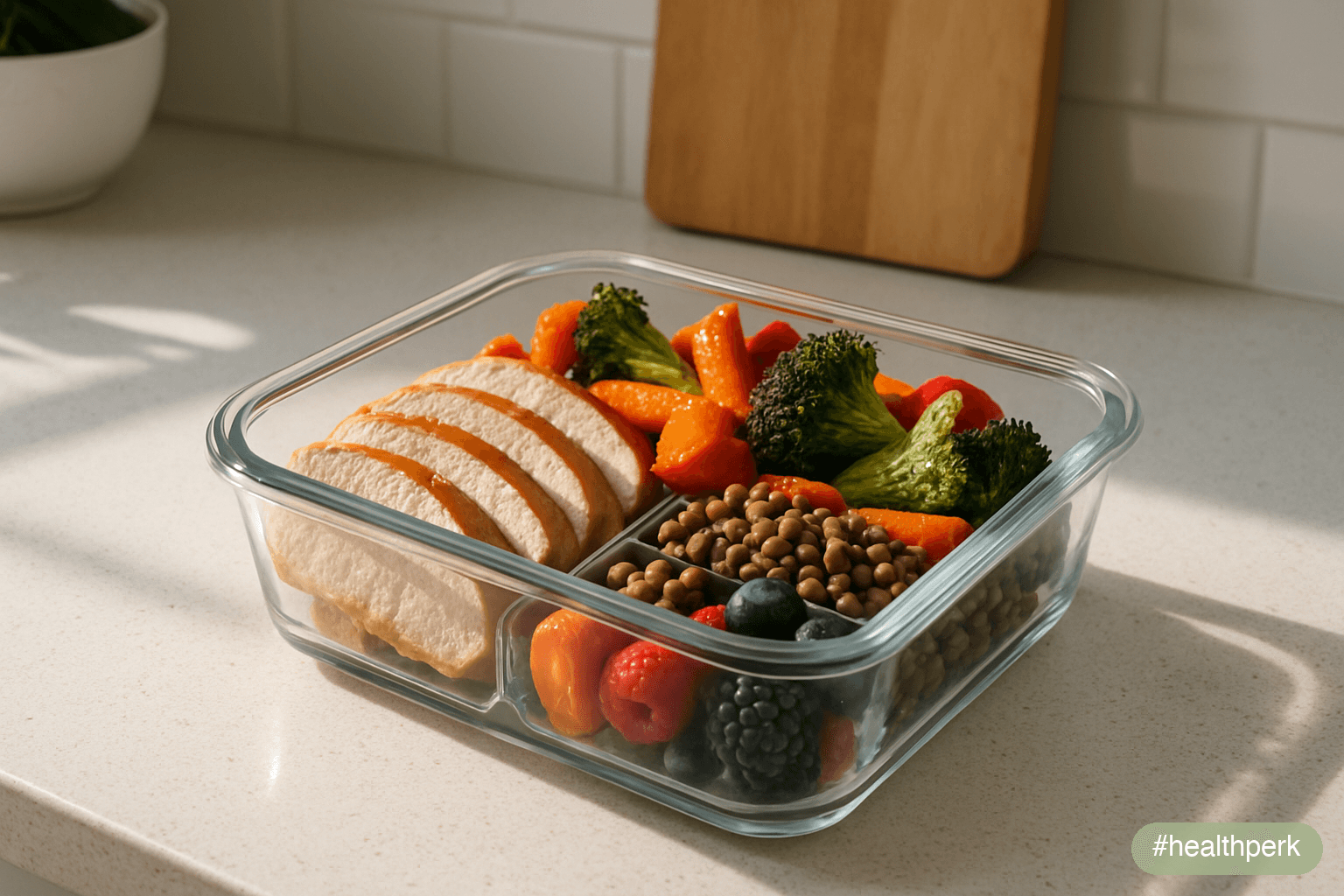 Photo of a meal-prep container with grilled chicken, large servings of roasted vegetables, lentils, and a side of berries — illustrating what to eat to lose weight fast as protein and fiber-dense whol