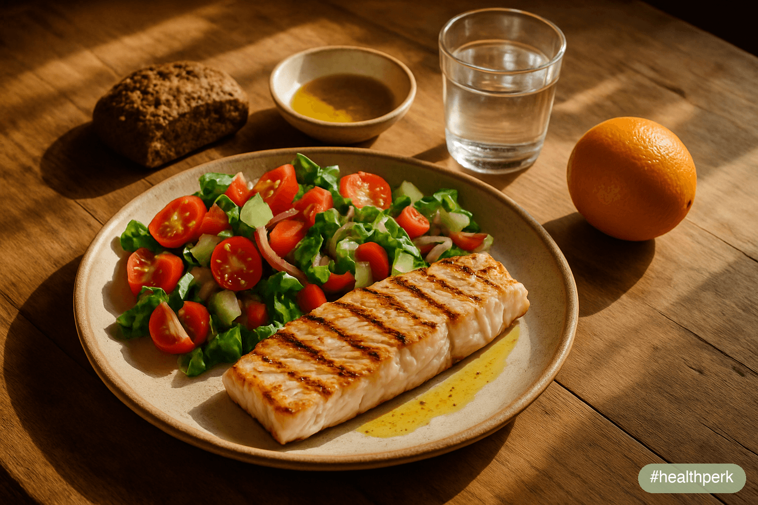 Photo of a beginner-friendly Mediterranean meal — grilled fish, large salad, a small portion of whole grain, olive oil drizzle, glass of water, and a piece of fruit — illustrating the best diet for we