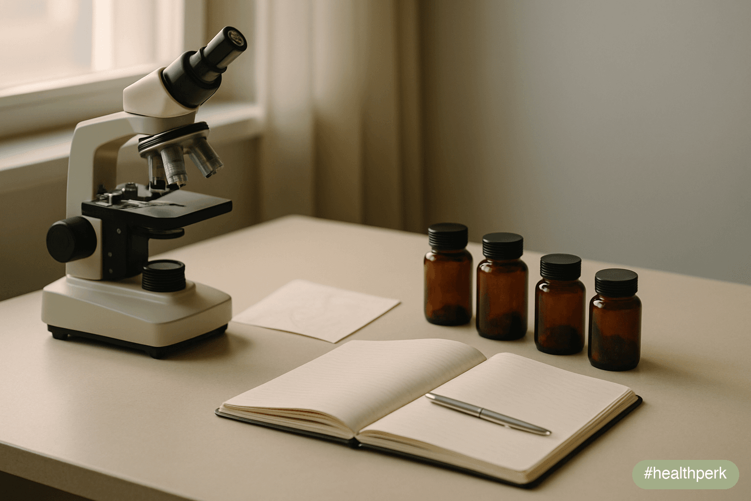 Photo of a microscope and a folded printed diagram on a desk beside four small amber supplement bottles and an open notebook — the setup of someone cross-referencing mechanism with evidence, pages too