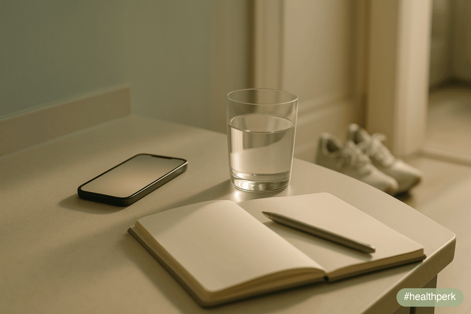 Photo of a morning kitchen counter with a phone resting face-up, its screen showing only a soft ambient glow, a glass of water, walking shoes by the door, and an open notebook with a pen resting acros