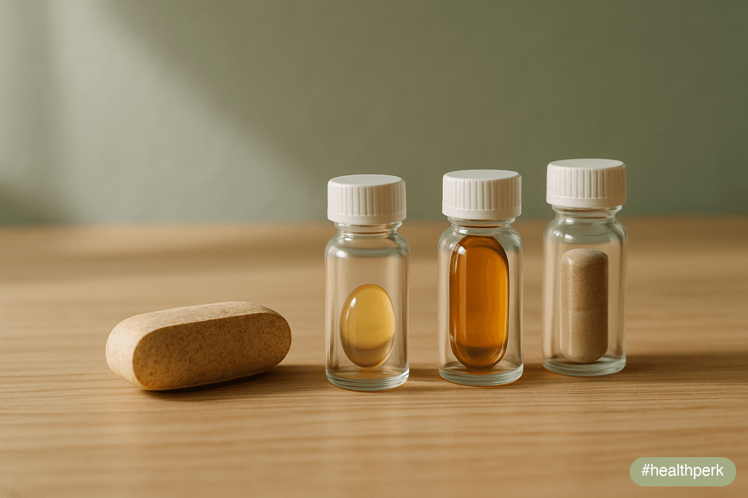 Photo of a multivitamin tablet next to three labeled individual bottles — vitamin D, omega-3, and magnesium — illustrating multivitamin vs individual supplements as a question of breadth versus precis